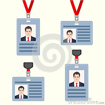 Id card with men picture set. Badges with neck lanyard and clip. Vector illustration Vector Illustration